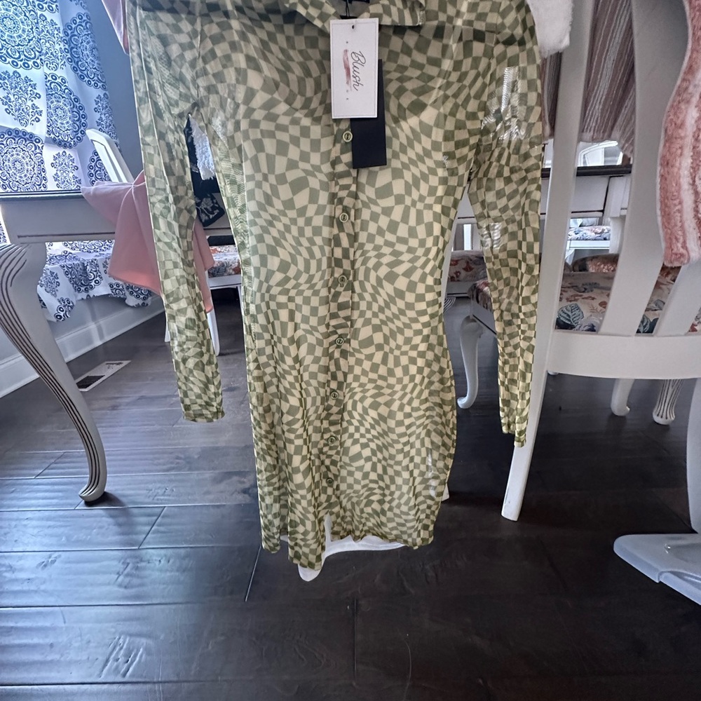 Green Checkered Long Sleeve Dress
